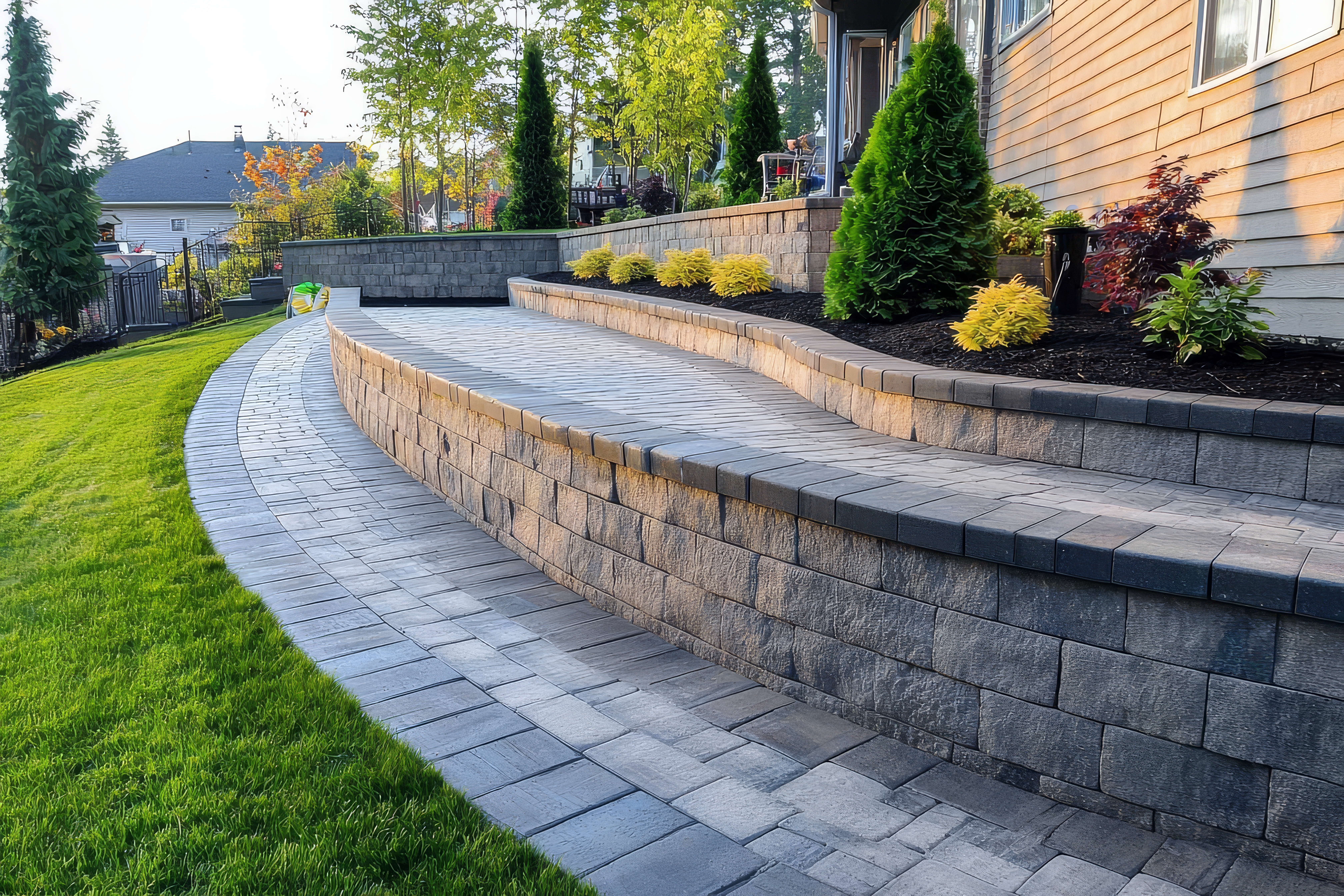 A landscaped yard featuring a curved stone pathway with multiple levels, bordered by plants and shrubs. The pathway is made of rectangular gray stones and leads up to a house with wooden siding. The grass is well-maintained and green.