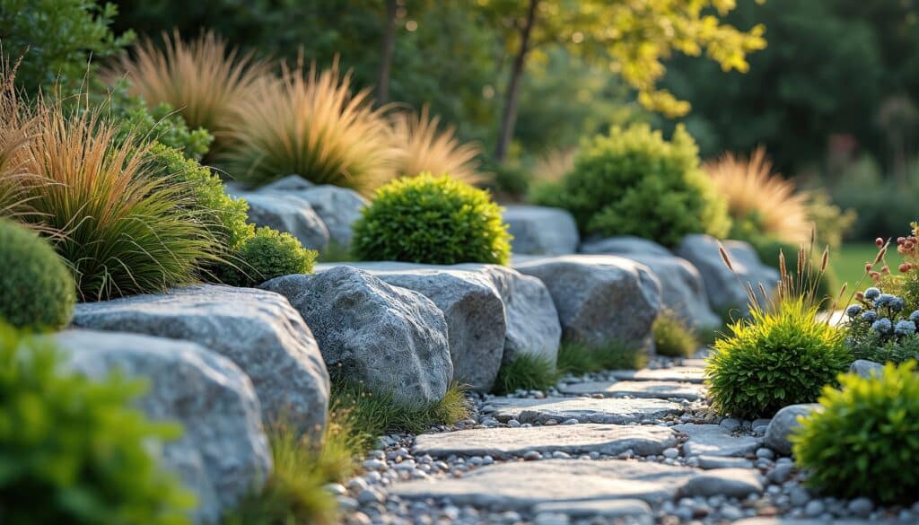 A landscaped garden path made of stone slabs, bordered by rounded bushes and ornamental grasses. Sunlight creates a warm glow, enhancing the natural greenery and rocky borders, inviting viewers to observe the tranquil setting.