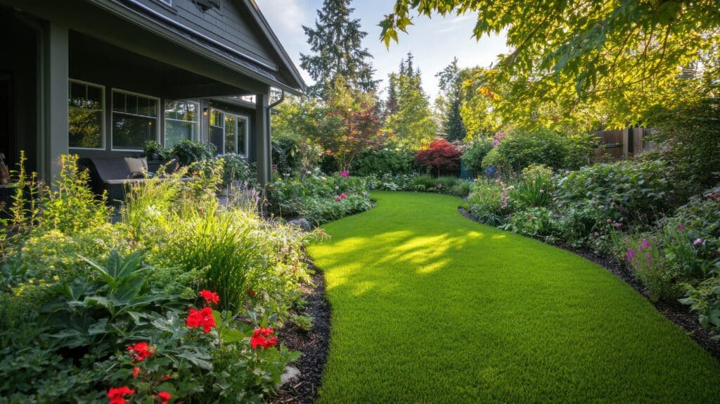 A well-maintained garden featuring a lush green lawn bordered by colorful flower beds. The garden includes various plants and shrubs, with a path leading towards a house partially visible on the left, under a clear blue sky.