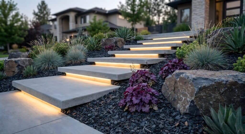 A landscape view of illuminated concrete steps leading up to a modern house. The steps are bordered by decorative rocks and various green plants, providing an inviting pathway in the evening light.