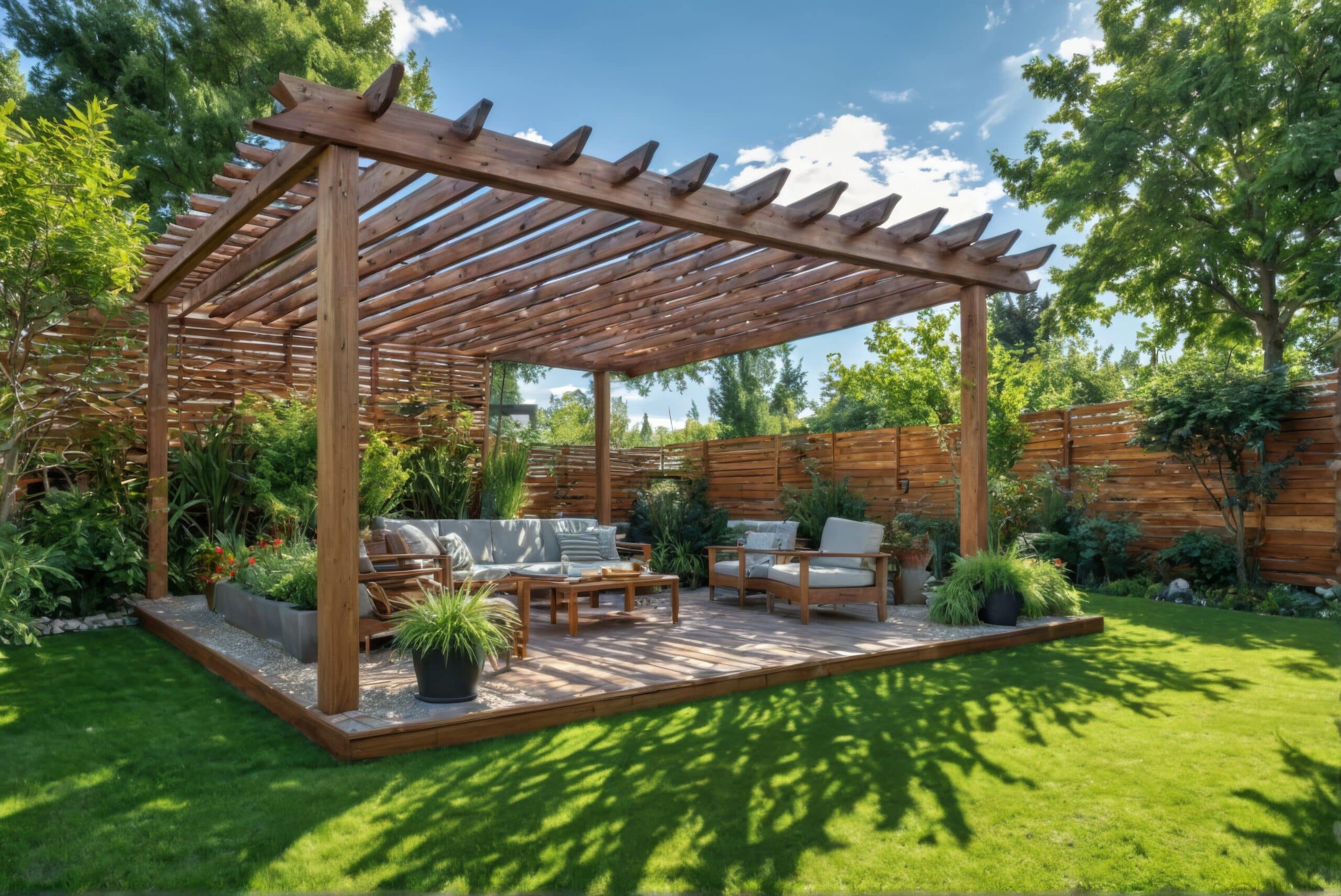 A wooden pergola with a slatted roof covers a patio area furnished with gray sofas and wooden tables. The space is surrounded by green grass, potted plants, and tall trees, creating a serene outdoor setting.